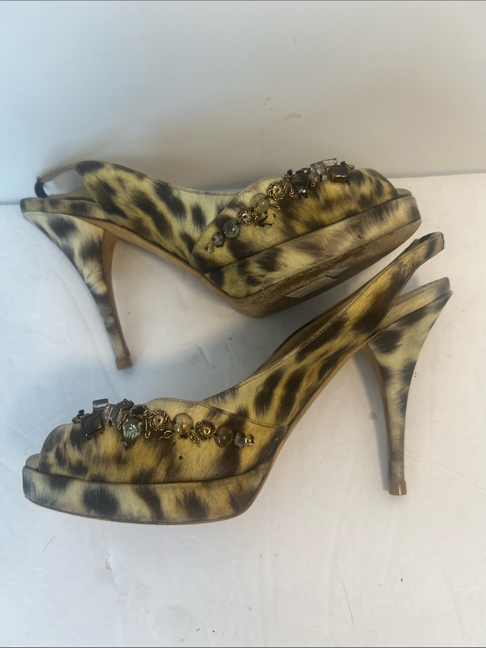 Oscar de la Renta Jeweled Slingback animal print Heels Vintage - Picture 6 of 14